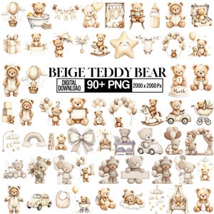 Beige Teddy Bear Clipart Bundle, Boho Neutral Nursery PNG, Watercolor Baby Teddy Bear Clipart, Minimal Nursery Decor, Baby Shower PNG