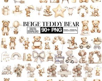 Beige Teddybär Clipart Bundle, Boho Neutral Kindergarten PNG, Aquarell Baby Teddybär Clipart, Minimale Kinderzimmer Dekor, Baby-Dusche PNG