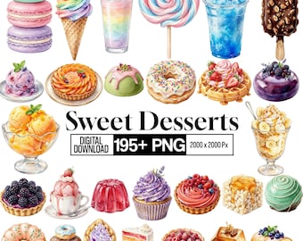 195+ Desserts Cliparts Bundle, süße Leckereien PNG, Aquarell Bäckerei Sublimationsdesigns, süße Dessert Grafiken, digitaler Download