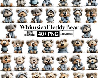 Watercolor Blue Teddy Bear Clipart Bundle, Baby Boy Nursery PNG, Baby Shower Clipart, First Birthday Boy Graphics, Cute Teddy Bear PNG