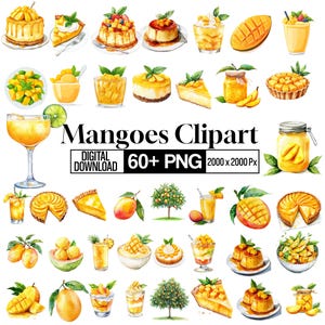May include: Watercolor illustrations of mango-themed desserts and drinks. The image includes cakes, tarts, parfaits, and smoothies, along with whole and sliced mangoes. The text "Mangoes Clipart" is displayed with "Digital Download" and "60+ PNG".