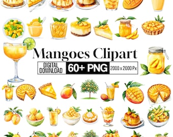 60+ Mangoes Clipart Bundle, Fantasy Food Art, Summer Clipart, Watercolor Mangoes, Mango Graphics,Kitchen Decor Images, Digital Download