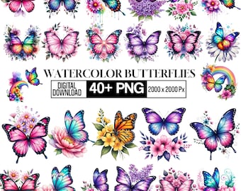 Aquarell Schmetterling Clipart Bundle, Monarchfalter PNG, Blumenschmetterling, Frühlingssommer, Botanische Ästhetik PNG, Sublimationsdesign