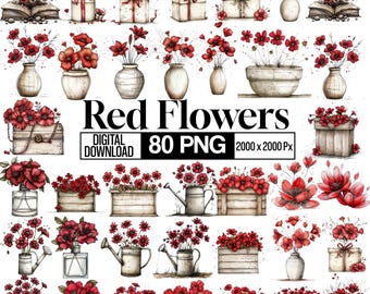 80 Red Flowers Clipart PNG Bundle, Floral Bloom Illustration, Rose Peony Botanical Graphics, Romantic Floral Elements, Digital Download