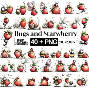 40+ akvarell insekter och jordgubbar PNG Clipart-paket, direktnedladdning