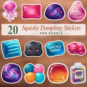 Könnte beinhalten: Eine Sammlung von 20 digitalen Aufklebern mit verschiedenen squishy-artigen Charakteren und Objekten, darunter eine rosa Qualle, galaxienartige Kleckse, eine schlafende rosa Katze und ein Behälter mit bunten sensorischen Bällen mit dem Text 20 Squishy Dumpling Stickers.