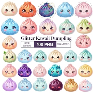 May include: A collection of 100 digital PNG files featuring round dumpling characters with glittery textures, blushing cheeks, and large expressive eyes. The central text reads Glitter Kawaii Dumpling, Digital Download, 100 PNG, 2000 x 2000 Px.
