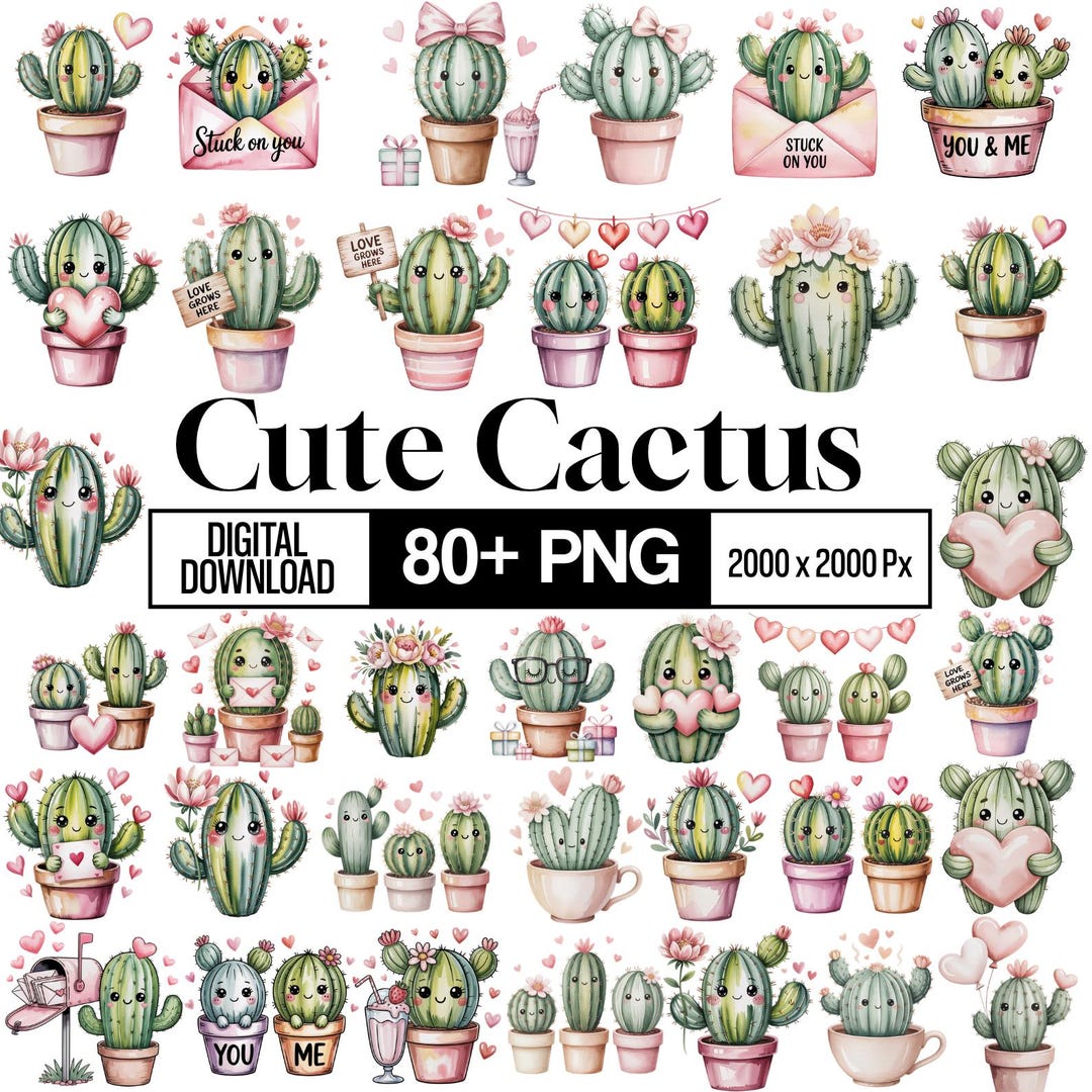 80+ Cute Cartoon Cactus Clipart Bundle, Houseplants Clipart, Kawaii ...