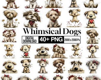 Whimsical Dogs Clipart PNG Bundle, Watercolor Puppy, Spring Floral Dogs, Cute Fluffy Puppies, Vintage Dog, Nursery Decor, Sublimation