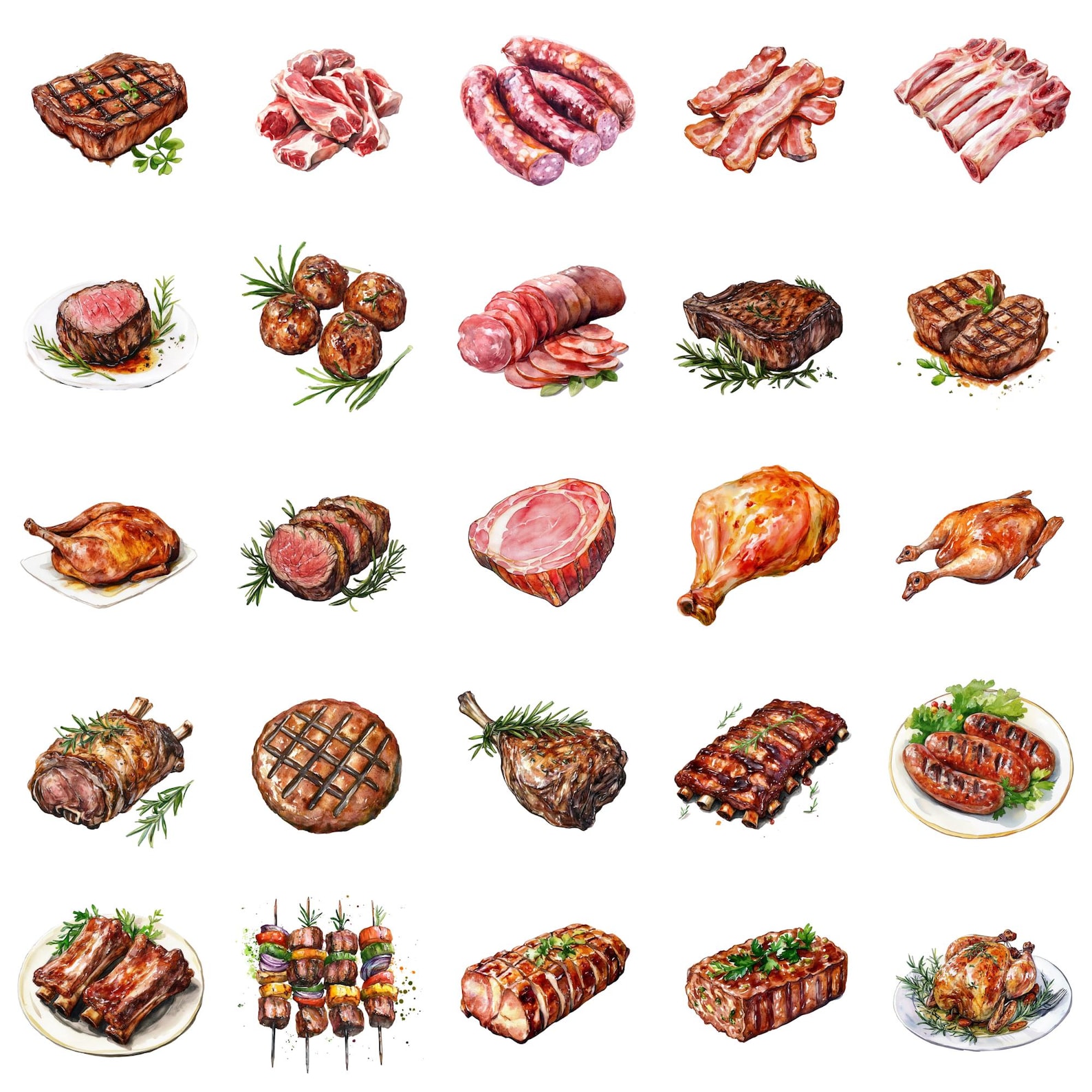 Wrapped Meat Graphics 50+ Meat Clipart PNG Bundle, Raw and Roasted Meat Illustration, Steak ...