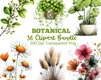 Botanical Floral Clipart PNG Bundle, Watercolor Greenery Leaves Plants, Wildflower Graphics, Garden Flowers, Sublimation Design, Scrapbook