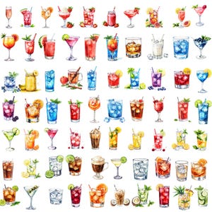 May include: Watercolor illustration of various cocktails and mixed drinks. The image features a variety of colorful beverages, including martinis, highballs, and tropical drinks, garnished with fruit and herbs. The drinks are arranged in rows and columns.