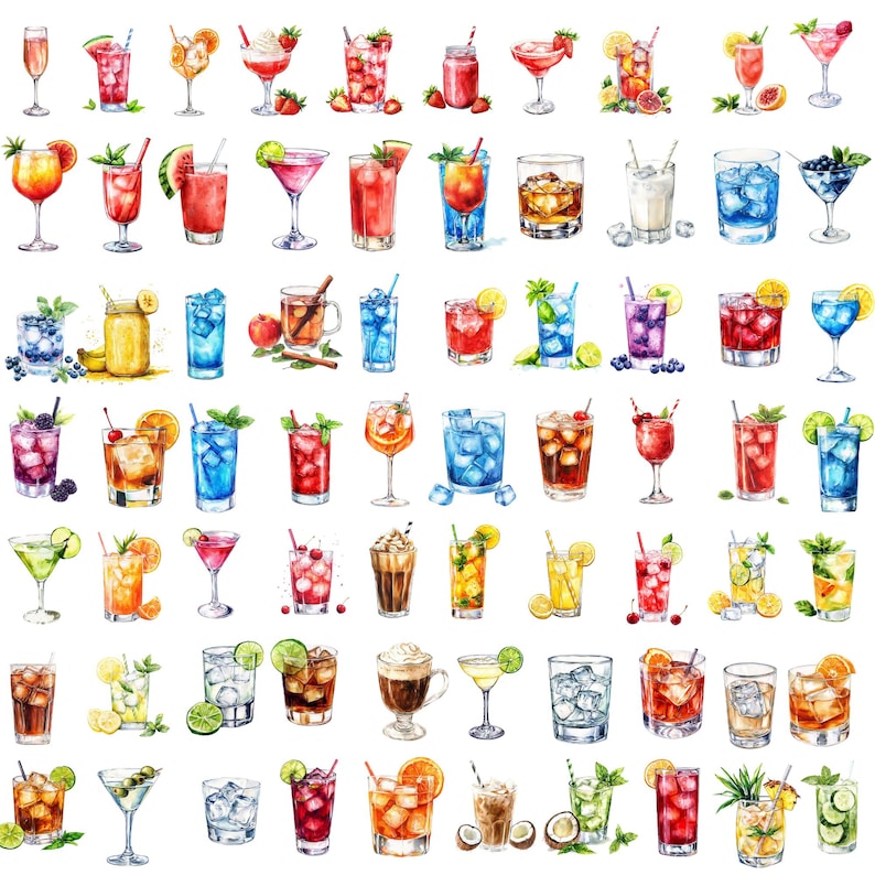 May include: Watercolor illustration of various cocktails and mixed drinks. The image features a variety of colorful beverages, including martinis, highballs, and tropical drinks, garnished with fruit and herbs. The drinks are arranged in rows and columns.
