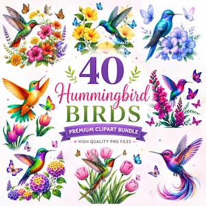 Puede incluir: Una colección digital de 40 ilustraciones de colibríes con aves coloridas en vuelo y posadas entre flores como hibiscos, tulipanes y hortensias, acentuadas por mariposas y el texto 40 Hummingbird BIRDS PREMIUM CLIPART BUNDLE.
