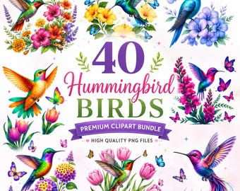 Kolibri Clipart PNG Bundle, 40 bunte Blumenblumen Vogel Schmetterling Aquarell Clipart, Scrapbook Craft, Sofort Download, digitaler Download