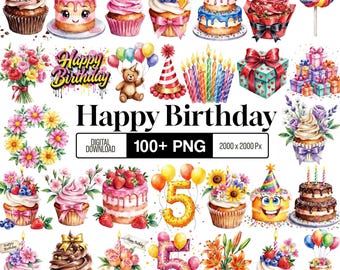 Über 170 Happy Birthday Clipart-Bundle, PNG-Grafiken für Geburtstagsfeiern, Sublimationsdruck, niedliche Kuchen- und Ballonmotive, digitaler Download