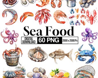 Seafood Clipart PNG Bundle, Fish Shrimp Crab Illustration, Ocean Food Graphics, Fresh Marine Elements, Cooking Design Png, Digital Download