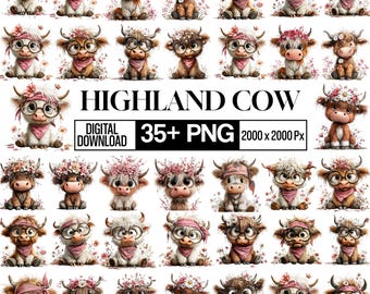 Whimsical Highland Cow Clipart Bundle, Watercolor Baby Cow PNG, Cute Farm Animal Clipart, Nursery Art Graphics, Sublimation Cricut PNG