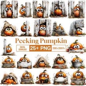 May include: A collection of 25+ digital PNG images featuring cartoon pumpkins with large eyes peeking from behind wooden planks, stone walls, buckets, and fabric. The text Peeking Pumpkin and 25+ PNG 2000 x 2000 Px is centred in the display.