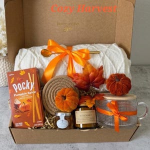 Op de afbeelding: Een kartonnen geschenkdoos met het label Cozy Harvest bevat een witte gebreide deken met een oranje lint, een doos Pocky Pumpkin Spice, twee kleine fluwelen pompoenen, een onderzetter, een potje honing, een rozemarijnkaars en een glazen mok.