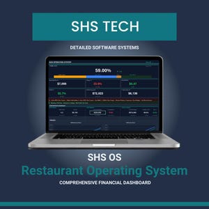 May include: A silver laptop displays a financial dashboard with data visualizations. The screen shows charts, percentages, and monetary values. Text at the top reads "SHS TECH" and "DETAILED SOFTWARE SYSTEMS." The bottom text says "SHS OS Restaurant Operating System COMPREHENSIVE FINANCIAL DASHBOARD."