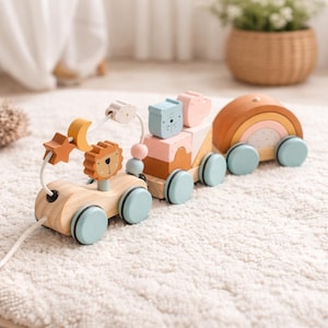 May include: Wooden pull-along toy train with pastel-colored blocks, a lion, a rainbow, and a star. The train has light blue wheels and a white pull string. The toy is on a white rug.