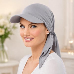 Peut inclure: Un couvre-chef gris clair doté d'une visière structurée et de longs liens en tissu qui s'étendent à l'arrière. La casquette est fabriquée dans un matériau lisse de couleur unie qui enveloppe la tête, offrant une couverture complète et élégante.