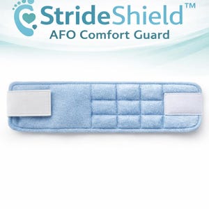May include: A light blue AFO Comfort Guard with the text "StrideShield" and "AFO Comfort Guard". The guard has a rectangular shape with a quilted design and white velcro straps.