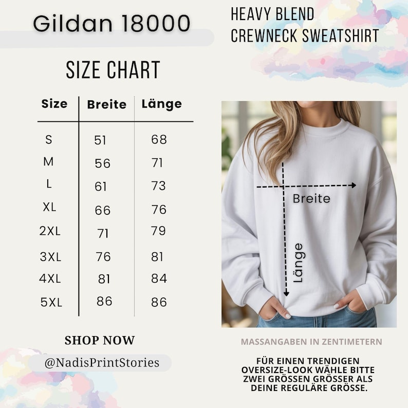 Puede incluir: Una tabla de tallas para la sudadera Gildan 18000 heavy blend con tallas de la S a la 5XL, que enumera el ancho y el largo en cent&iacute;metros. Se muestra una sudadera blanca con flechas que indican los puntos de medici&oacute;n.