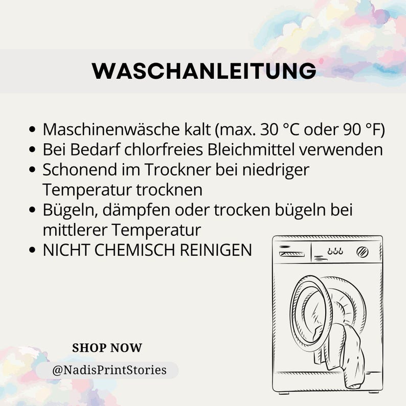 Puede incluir: Una tarjeta informativa blanca titulada WASCHANLEITUNG con instrucciones de cuidado en alem&aacute;n, incluyendo lavado a m&aacute;quina a 30 grados Celsius o 90 grados Fahrenheit, blanqueador sin cloro, secado a baja temperatura, planchado medio y no lavar en seco.