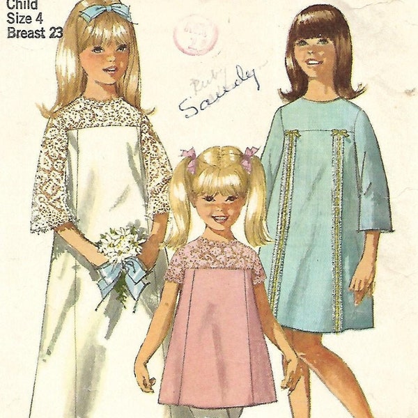 Girls Dress, Simplicity 6996, Size 4, A-Line, Jewel Neckline, Short Long Bell Shaped Sleeves, Back Zipper, Lace Trim, 1960s Clothing