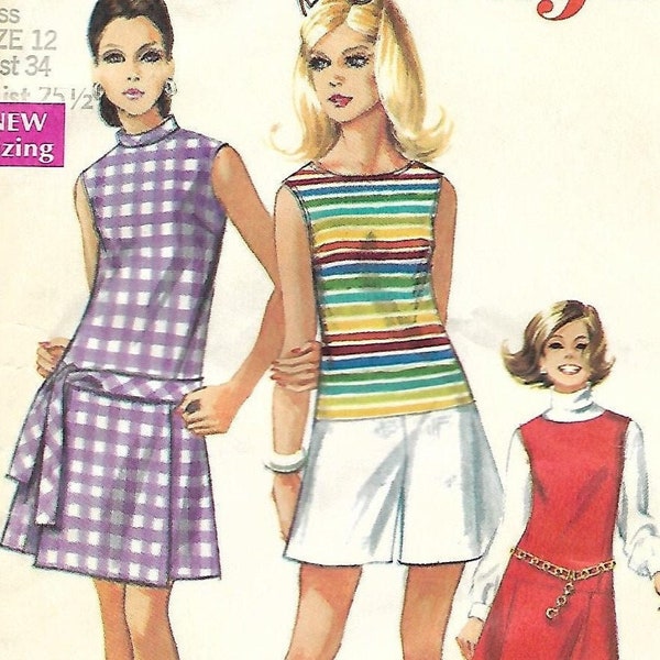 Dress Jumper Pattern, Simplicity 8147, UNCUT, Misses Size 12, Culotte Skirt, Back Zipper, Low Waist, Round Neck, Sleeveless, 1960s Clothing
