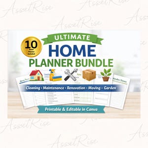 以下が含まれることがあります： 「ULTIMATE HOME PLANNER BUNDLE」のテキストが入ったホームプランナーバンドル。クリーニング、メンテナンス、改修、移動、ガーデニングのアイコンが含まれています。「Printable & Editable in Canva」のテキストも表示されています。