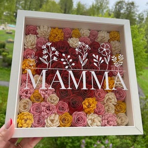 May include: A white framed floral artwork featuring the word "MAMMA" in white script. The piece is filled with paper flowers in red, pink, yellow, and cream, with white floral accents. The background is a blurred green outdoor scene.