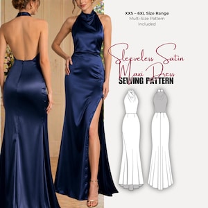 Può includere: Un abito lungo in raso blu navy con collo alto e spacco sulla coscia. L'abito presenta una chiusura con bottoni e una gonna fluida. L'immagine include anche un modello di cucito con il testo "Sleeveless Satin Maxi Dress Sewing Pattern."