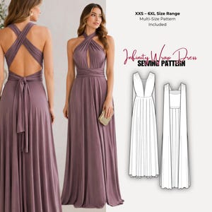 Könnte beinhalten: Ein mauvefarbenes Infinity-Wickelkleid mit Neckholder-Ausschnitt und offenem Rücken. Das Bild enthält eine Schnittmusterillustration und den Text "XXS - 6XL Size Range Multi-Size Pattern Included" und "Infinity Wrap Dress Sewing Pattern."