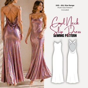 Peut inclure: Une robe longue à col bénitier et à bretelles spaghetti, dans un tissu chatoyant et irisé. La robe a un dos nu. L'image comprend également un patron de couture avec le texte "Cowl Neck Slip Dress Sewing Pattern" et des informations sur la gamme de tailles.