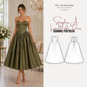 Pode incluir: Um vestido midi sem alças em forma de A verde-oliva. O vestido apresenta um corpete justo e uma saia ampla. A imagem também inclui um padrão de costura com o texto "Strapless A-Line Midi Dress Sewing Pattern".