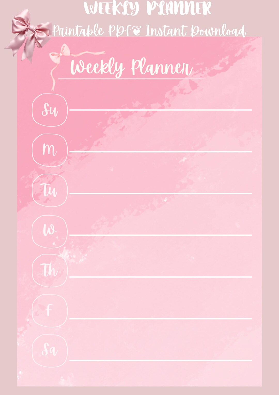Cute Pink Weekly Planner Printable, Aesthetic Coquette Planner, Undated ...