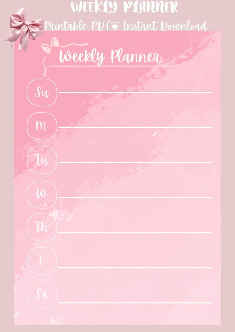 Cute Pink Weekly Planner Printable, Aesthetic Coquette Planner, Undated ...
