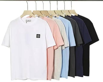 Camiseta de cuello redondo para hombre, estilo casual / Camiseta de manga corta con parche de logo, estilo urbano veraniego
