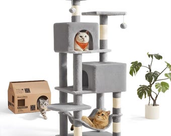 Premium 59.5" Cat Tree Tower with Scratching Posts | Multi‑Level Cat Condo with Caves, Perches & Hammock | Cat Furniture for Play and Rest