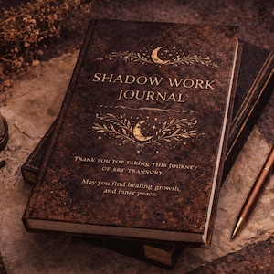 May include: A brown Shadow Work Journal with gold lettering and a crescent moon design, stacked on a dark book. A lit candle and pen are next to the journal. The journal's text reads: "Thank you for taking this journey... May you find healing, growth, and inner peace."