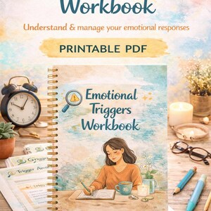 May include: A workbook titled "Emotional Triggers Workbook" with the text "Understand & manage your emotional responses" and "PRINTABLE PDF". The cover illustration shows a person writing at a table with a cup and candle. The workbook is spiral-bound.