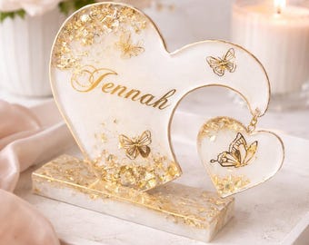 Decorazione a forma di cuore in oro personalizzata: regalo romantico con nome personalizzato, ricordo di anniversario di matrimonio, arte in resina di lusso fatta a mano