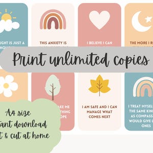 May include: A set of eight affirmation cards with pastel backgrounds and simple illustrations of a sun, rainbow, heart, moon, flower, tree, leaf, and rainbow. Text includes phrases like "I believe I can" and "Print unlimited copies."