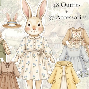 Bunny Paper Dolls Printable, 48 Outfits & 37 Garden Accessories, Cottagecore Rabbit Dress Up Doll, Kids Busy Activity, Digital Download