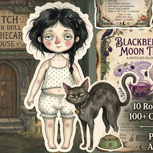 May include: A printable Witch Paper Doll Apothecary House set featuring a doll with black hair, a black cat, various outfits, and accessories. The image includes text such as Witch Paper Doll Apothecary House, Blackberry Moon Tea, and 100+ Cutout Accessories.