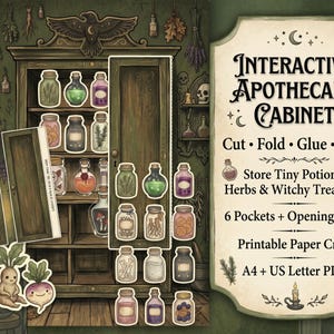 May include: An interactive apothecary cabinet printable paper craft featuring a green wooden cupboard, various potion bottles, herbs, and witchy treasures. Text reads: Interactive Apothecary Cabinet, Cut, Fold, Glue, Play, 6 Pockets + Opening Door.