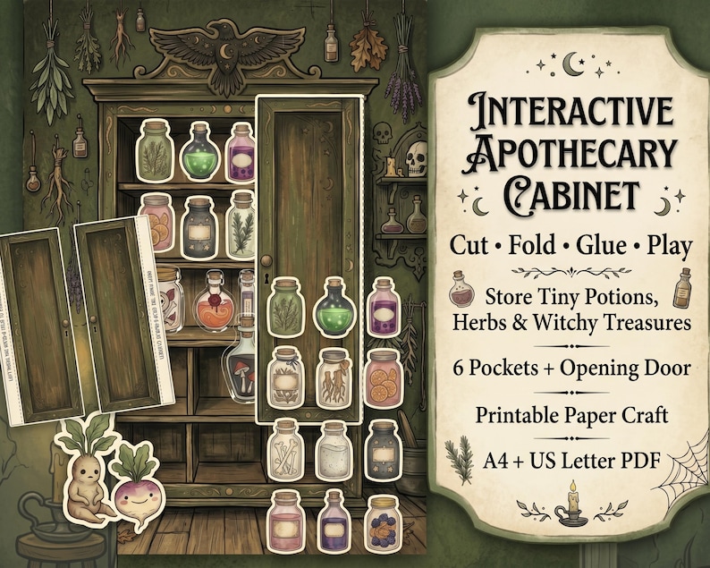 May include: An interactive apothecary cabinet printable paper craft featuring a green wooden cupboard, various potion bottles, herbs, and witchy treasures. Text reads: Interactive Apothecary Cabinet, Cut, Fold, Glue, Play, 6 Pockets + Opening Door.